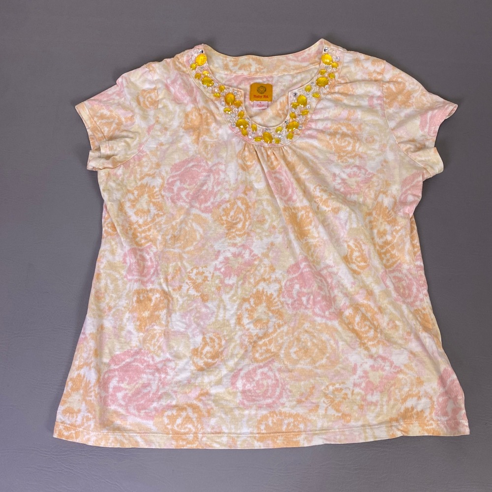 Ruby Rd Top Women's Large Floral Short Sleeve Pink Orange Beaded V-Neck‎ Stretch